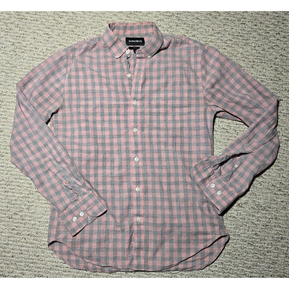 Bonobos Button Dress Collar Shirt Long Sleeves Red Gray Plaid Men's Size Small